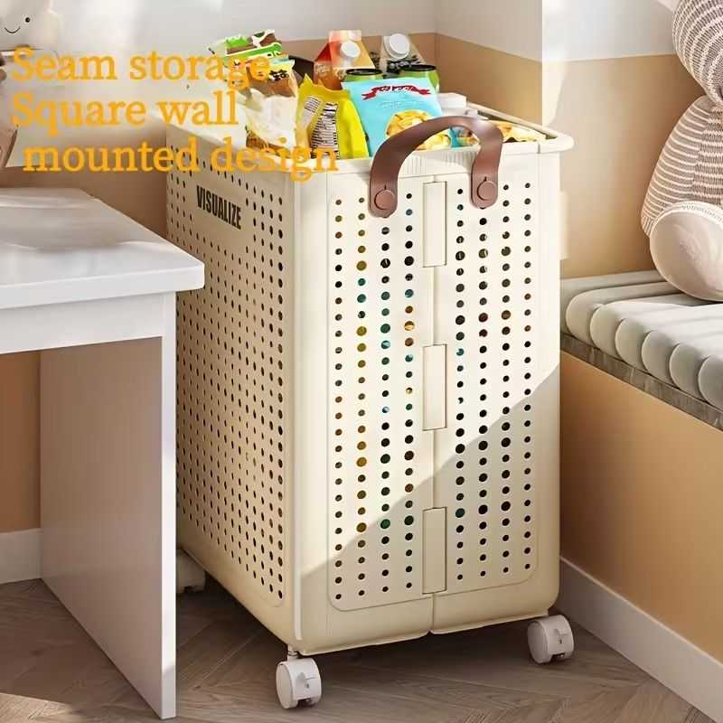 Collapsible Laundry Basket with Wheels, Medium-Large White Ceramic Look Hamper with Faux Leather Handles, Portable and Durable Clothes Storage Bin for Bathroom, Balcony, and Home Organization - luxuryhomedecoridea.com