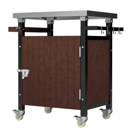 Outdoor Grill Cart with Stainless Steel Tabletop, Storage, Patio Kitchen Island with Wheels, Hooks, and Spice Rack, Waterproof Outdoor Grill Table, Movable BBQ Serving Cart Rolling Bar Cart - luxuryhomedecoridea.com