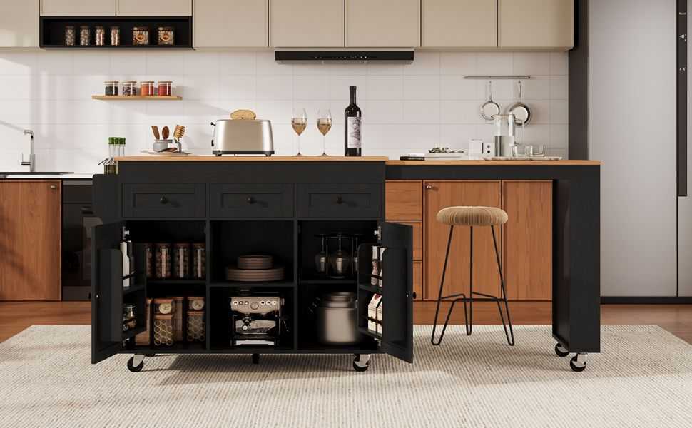 K&K 85.5" Kitchen Island with Extendable Dining Table, Kitchen Storage Table with 3 Side Open Shelves, Rolling Kitchen Island with Power Outlet, 3 Drawers, 2 Doors, for Kitchen, Dining Room, Black - luxuryhomedecoridea.com