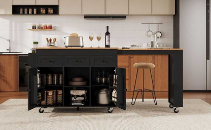 K&K 85.5" Kitchen Island with Extendable Dining Table, Kitchen Storage Table with 3 Side Open Shelves, Rolling Kitchen Island with Power Outlet, 3 Drawers, 2 Doors, for Kitchen, Dining Room, Black - luxuryhomedecoridea.com