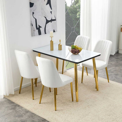 Table and chair set.Table and chair set.White imitation marble texture glass top + lower black MDF board,silver metal legs.Paired with 4 WHITE chairs with PU artificial leather backrest cushions. - luxuryhomedecoridea.com