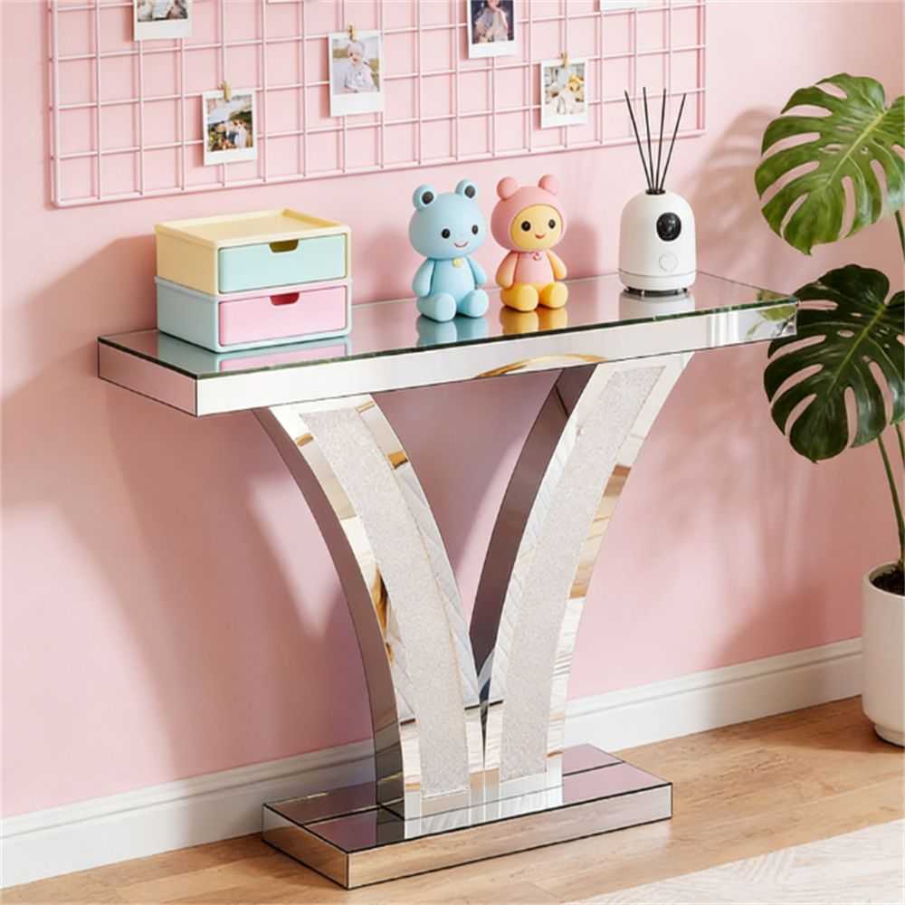 Mirror console table, modern entrance table, foyer table, storage desk, unique V-shaped design - luxuryhomedecoridea.com