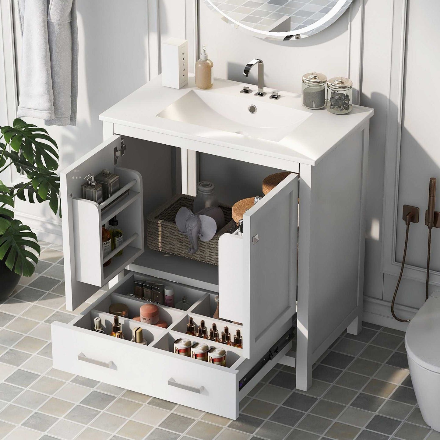 30" Bathroom Vanity with Single Sink, Combo Cabinet Undermount Sink, Bathroom Storage Cabinet with 2 Doors and a Drawer, Soft Closing, Multifunctional Storage, Solid Wood Frame - luxuryhomedecoridea.com
