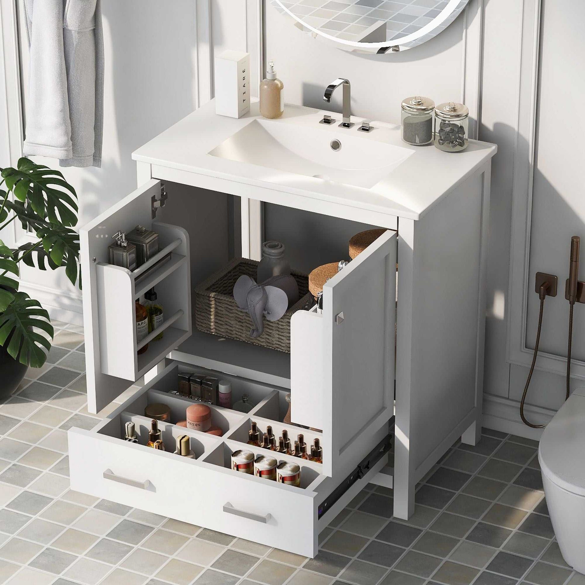 30" Bathroom Vanity with Single Sink, Combo Cabinet Undermount Sink, Bathroom Storage Cabinet with 2 Doors and a Drawer, Soft Closing, Multifunctional Storage, Solid Wood Frame - luxuryhomedecoridea.com