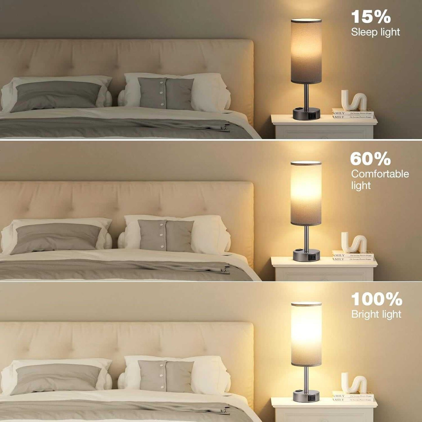 Grey Bedside Table Lamp for Bedroom - 3 Way Dimmable Touch Lamp USB C Charging Ports and AC Outlet, Small Lamp for Living Room, Desk, LED Bulb Included - luxuryhomedecoridea.com