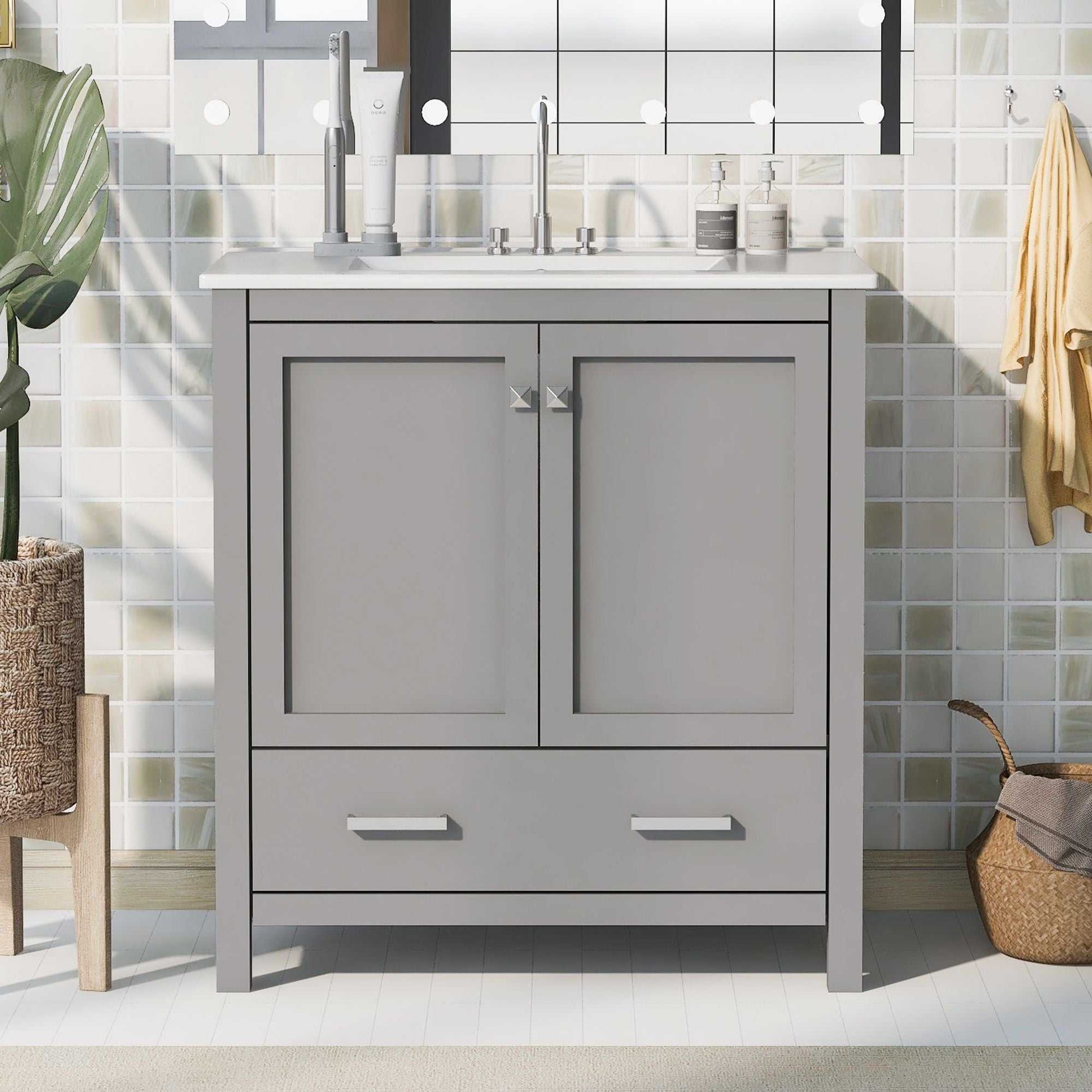 30" Bathroom Vanity with Single Sink, Combo Cabinet Undermount Sink, Bathroom Storage Cabinet with 2 Doors and a Drawer, Soft Closing, Multifunctional Storage, Solid Wood Frame - luxuryhomedecoridea.com