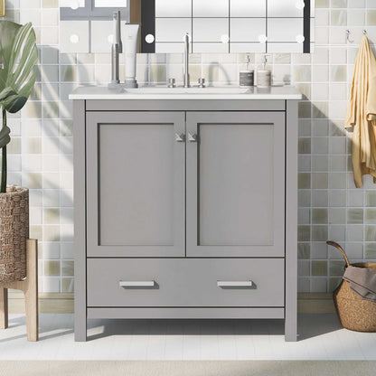 30" Bathroom Vanity with Single Sink, Combo Cabinet Undermount Sink, Bathroom Storage Cabinet with 2 Doors and a Drawer, Soft Closing, Multifunctional Storage, Solid Wood Frame - luxuryhomedecoridea.com