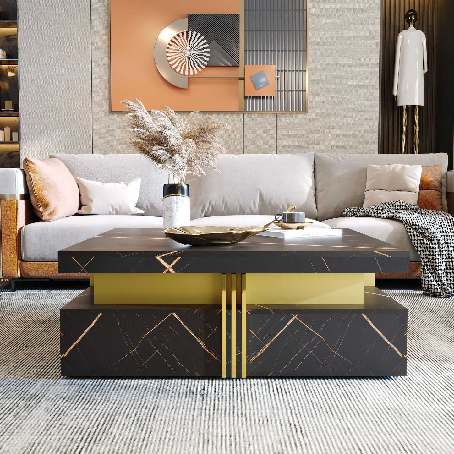 Modern Black Square Storage Coffee Table With 4 Drawers - luxuryhomedecoridea.com