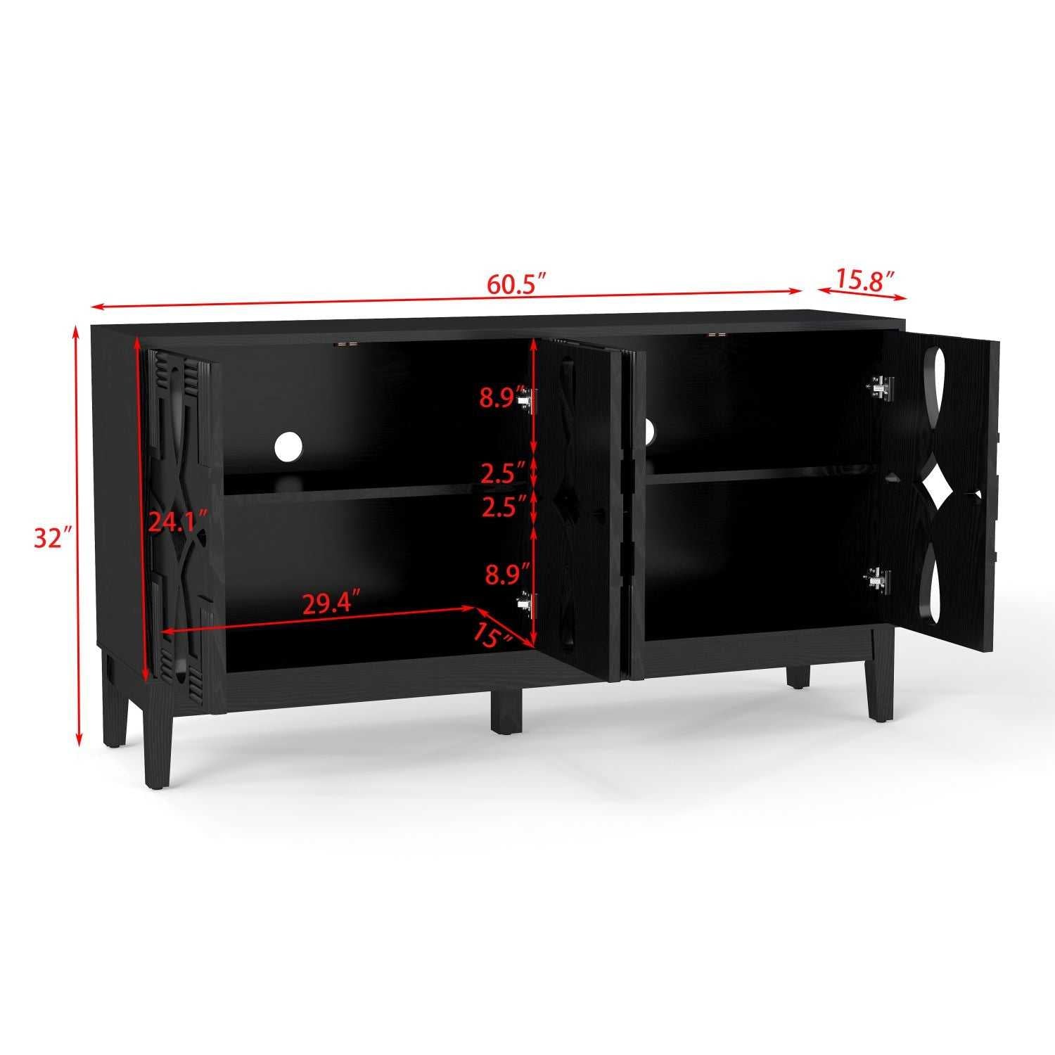 60.5" Mid Century Modern Sideboard Buffet Cabinet with Storage, TV Media Console Table, Storage Cabinet with 4 Doors & Adjustable Shelves for Kitchen Dining Living Room Entryway, Black - luxuryhomedecoridea.com