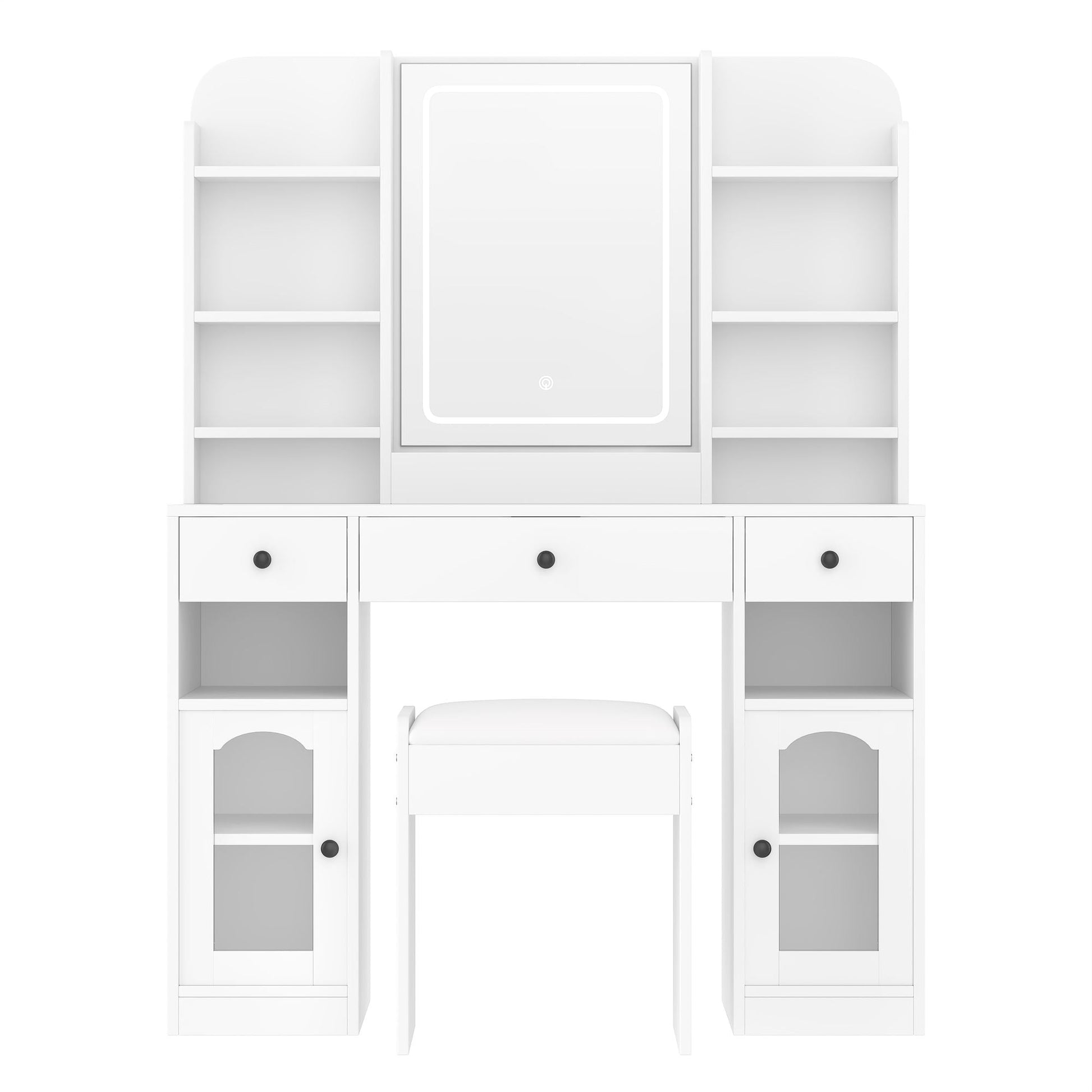 43.2" Vanity Desk with LED Mirror and Lights, Glass Top Vanity with RGB Glass Light Cabinets, Dressing Table with 3 Drawers ,Storage Shelves and Stool for Bedroom - luxuryhomedecoridea.com