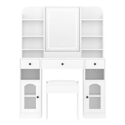 43.2" Vanity Desk with LED Mirror and Lights, Glass Top Vanity with RGB Glass Light Cabinets, Dressing Table with 3 Drawers ,Storage Shelves and Stool for Bedroom - luxuryhomedecoridea.com