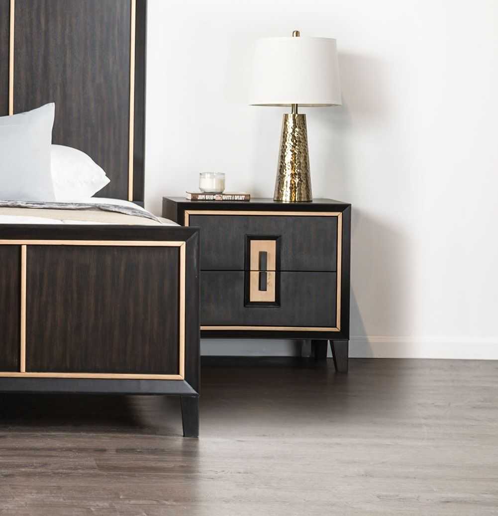 Modern Espresso Bedside Table Bedroom Furniture 1pc Nightstand Gold Accent Trim Wooden Finger Pull - luxuryhomedecoridea.com