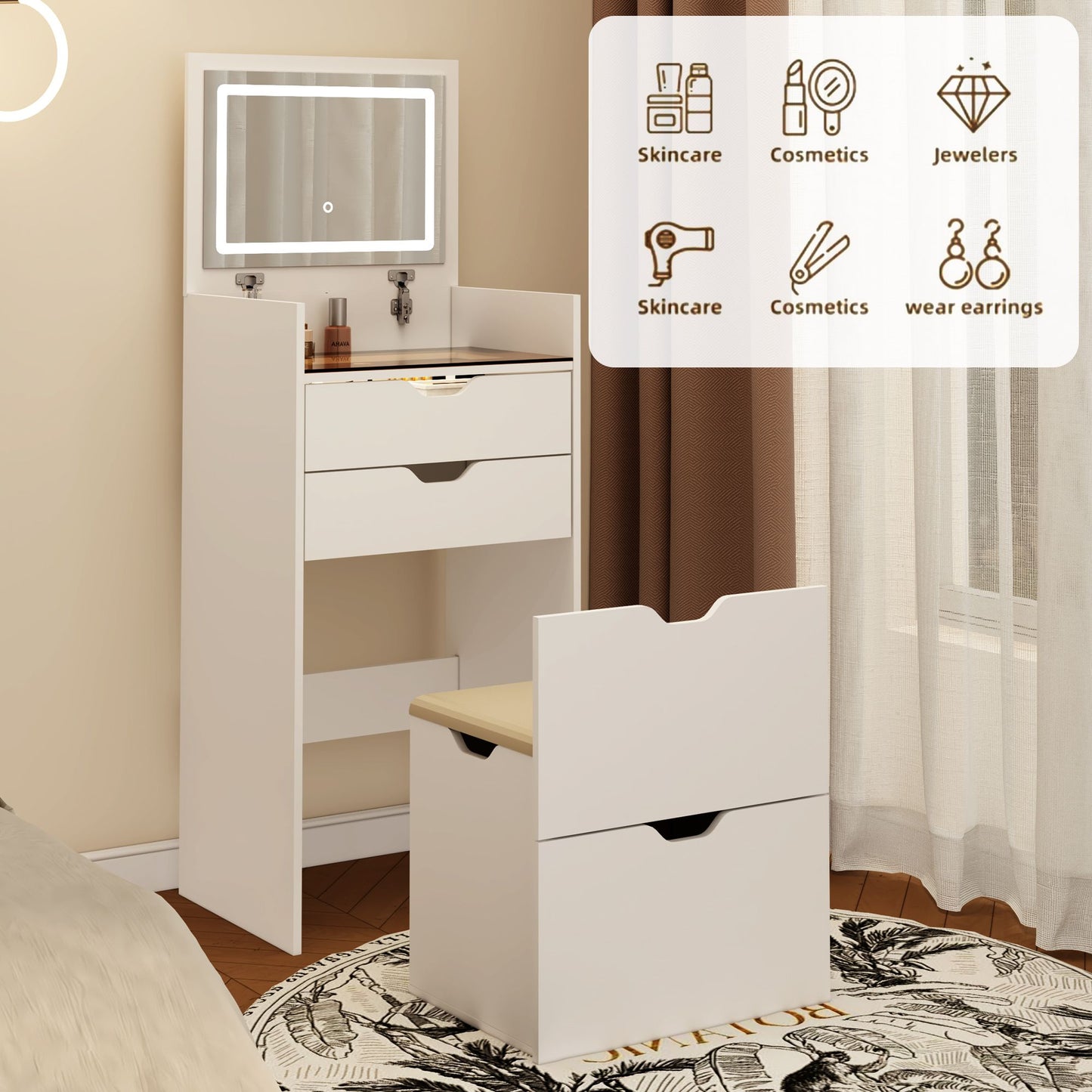 Dressing Table and Stool, 3-in-1 Multifunctional Dressing Table Set, Featuring Three-color Lighting Modes, HD Mirror, Two Sliding Drawers, and a Hidden Storage Stool - luxuryhomedecoridea.com