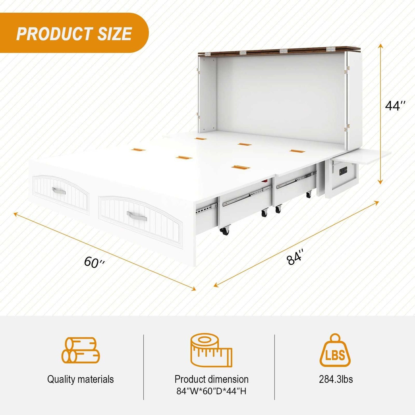 Queen Size Murphy Bed Frame with Drawers Murphy Chest Bed with Charging Station, 2 USB Ports Mobile Murphy Bed Sleeping Arrangement for Multipurpose Area for Bedroom Living Room Guest Room White&Wood - luxuryhomedecoridea.com