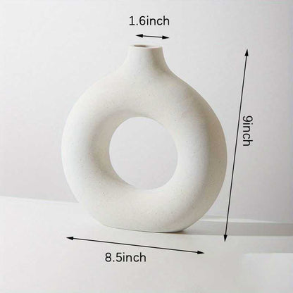 1pc; White Ceramic Vase White Vases For Decor; Modern Home Decor Vase; Boho Vases For Decor; Circle Vase; Round Vase; Donut Vase; Decorative Vase - luxuryhomedecoridea.com