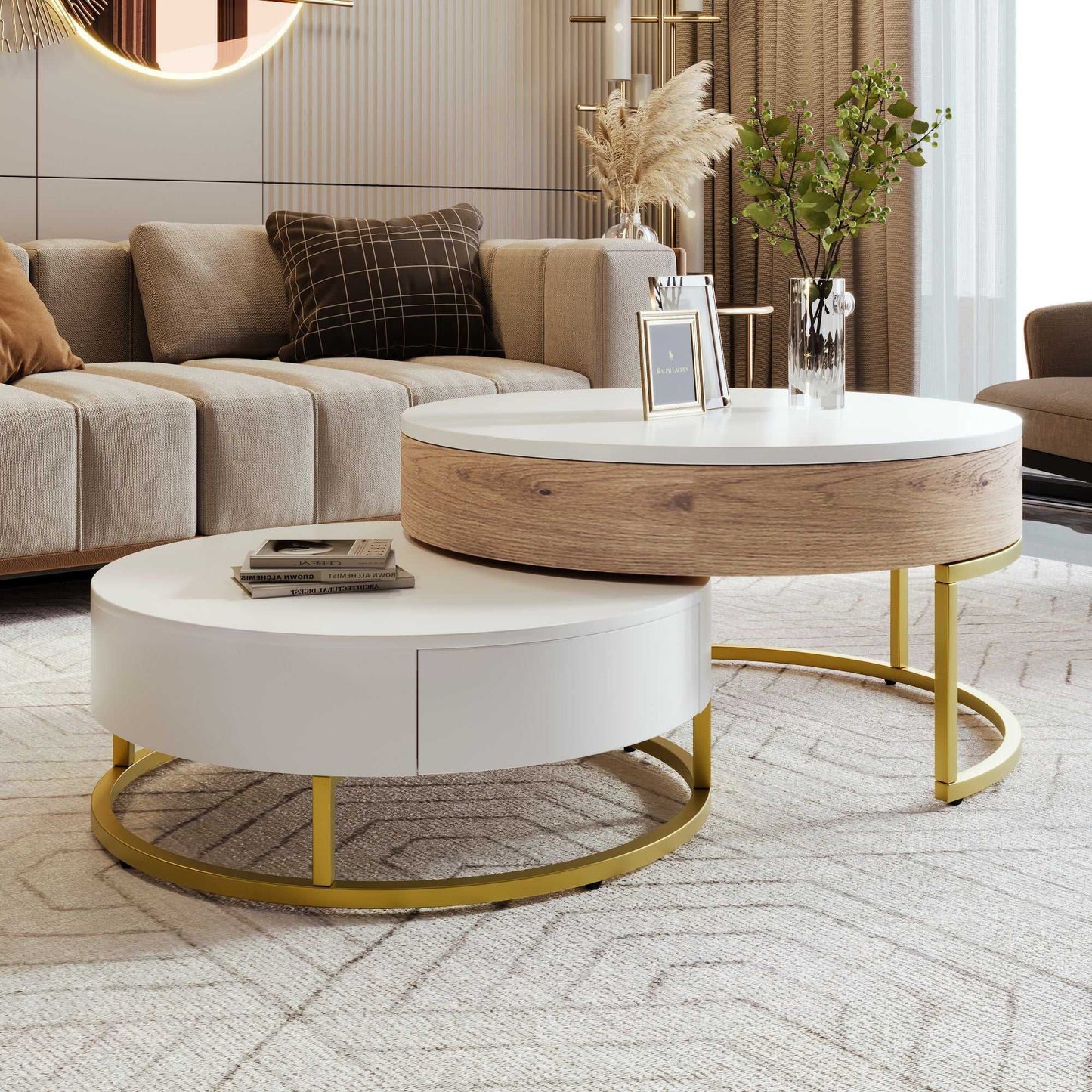 Modern Round Lift-top Nesting Coffee Tables with 2 Drawers - luxuryhomedecoridea.com