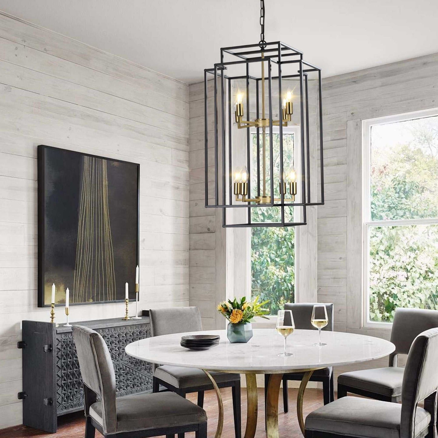 (Same as W1340142524/L1018-G) 18" Modern 8-Light Black Gold Geometric Pendant Chandelier, Industrial Metal Frame, Adjustable Hanging Light for Living Room, Dining Room, Kitchen (No Bulbs) - luxuryhomedecoridea.com