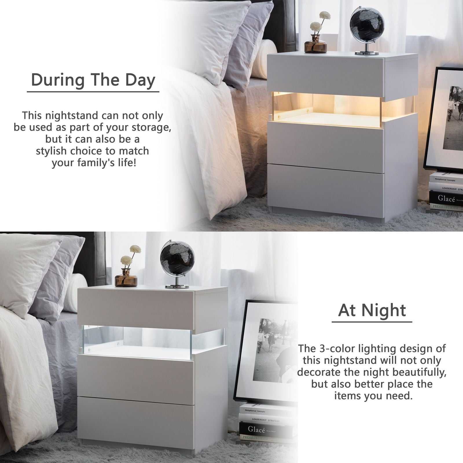 LED Nightstands 3 Drawer Dresser for Bedroom End Table with Acrylic Board LED Bedside Tables for Bedroom Living Room Bedside Furniture (White) - luxuryhomedecoridea.com