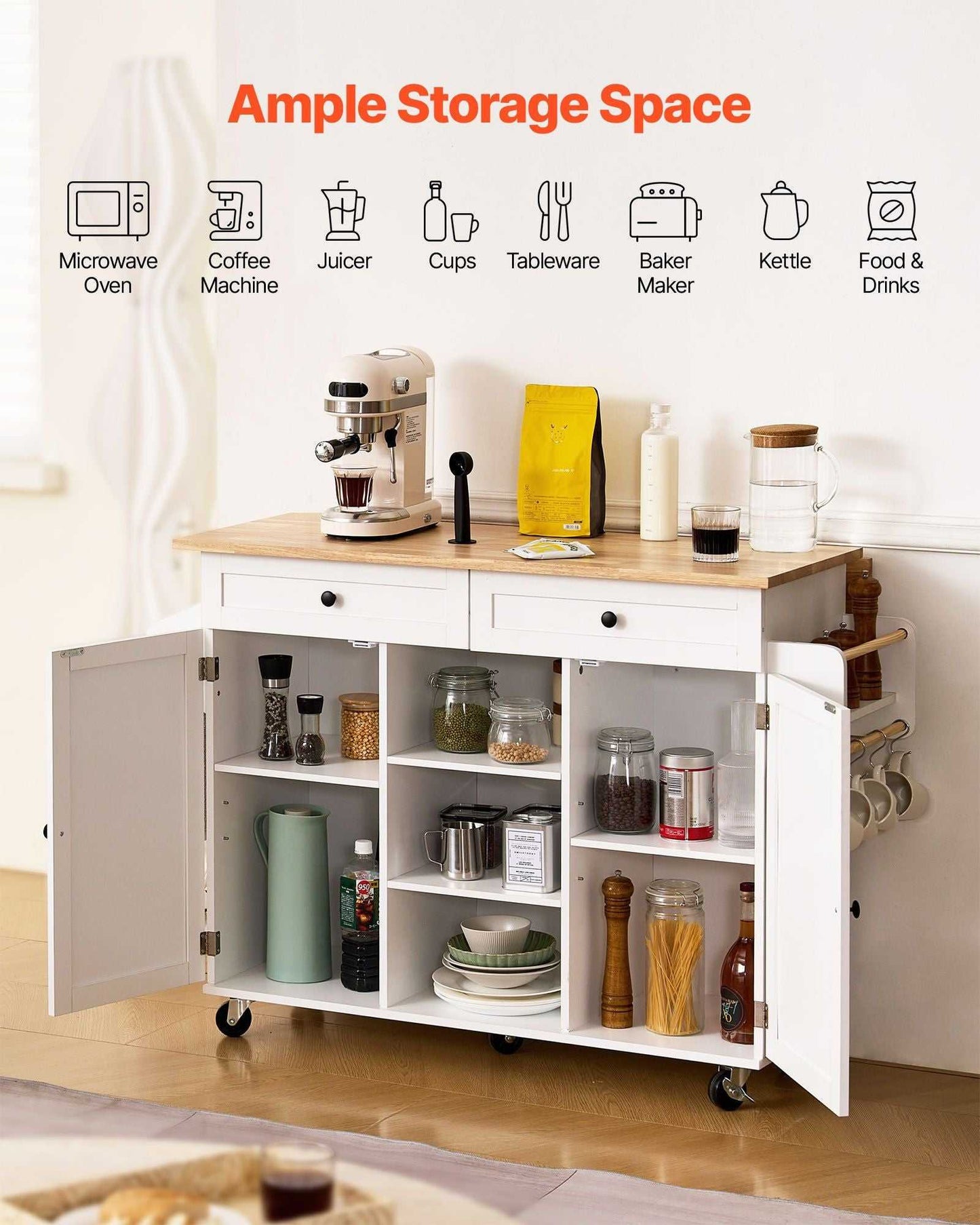 VEVOR Kitchen Island Cart, with Solid Wood Top and Storage Cabinet, Mobile Rolling Table with Drop Leaf, Drawers, Spice Towel Rack, Portable Islands on Swivel Wheels for Dining Room, 52in Width, White - luxuryhomedecoridea.com