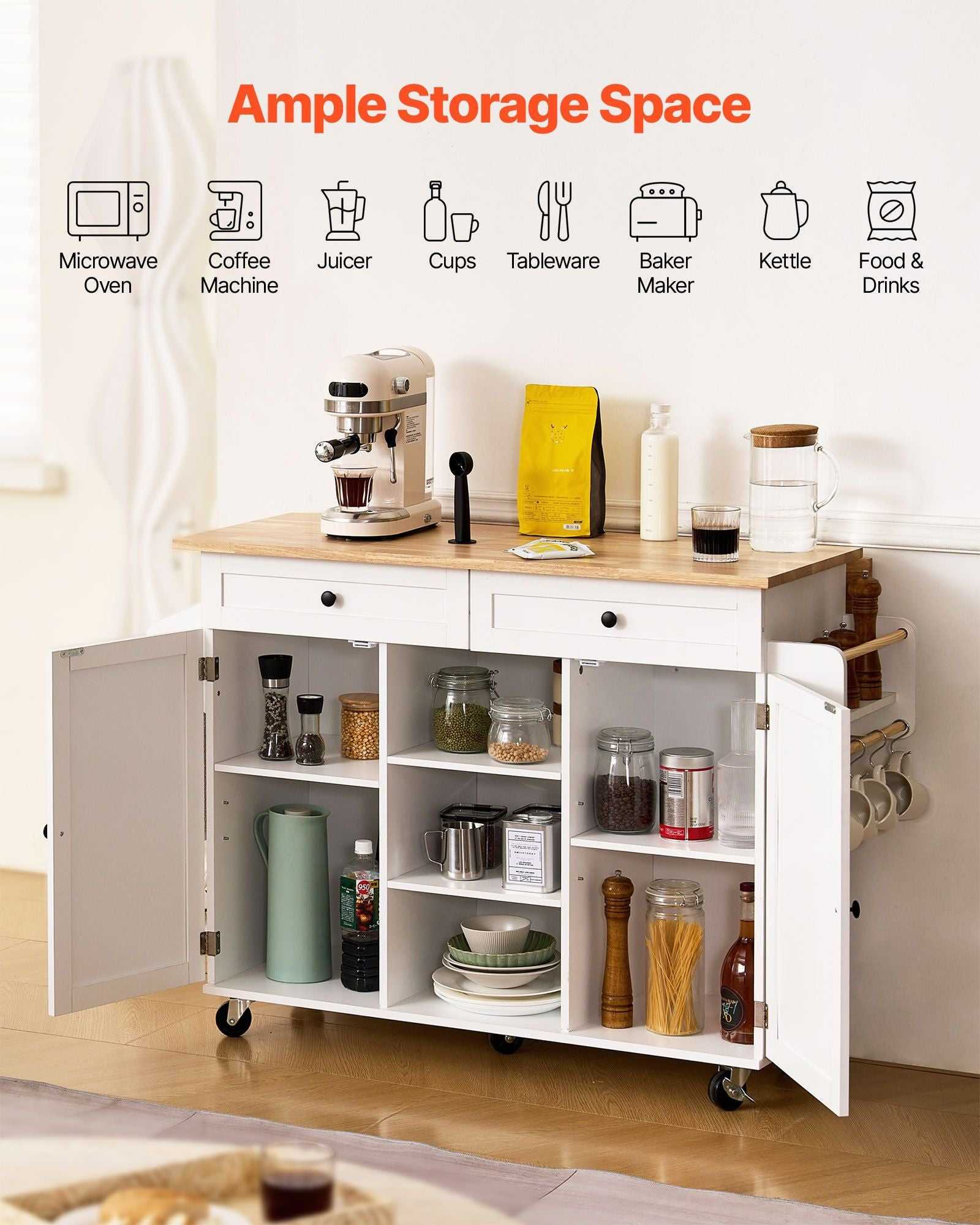 VEVOR Kitchen Island Cart, with Solid Wood Top and Storage Cabinet, Mobile Rolling Table with Drop Leaf, Drawers, Spice Towel Rack, Portable Islands on Swivel Wheels for Dining Room, 52in Width, White - luxuryhomedecoridea.com