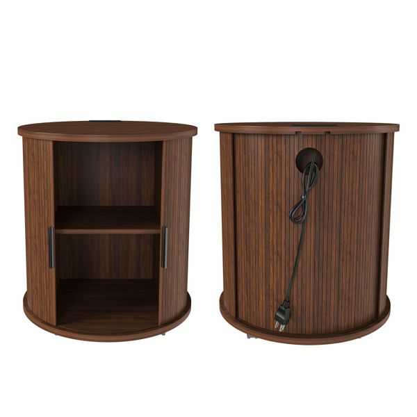Mid Century Modern Cylinder End Table with Built-in Charging Station & Sliding Door, 2-Tier Storage Round Nightstand with USB Ports, Walnut Bedside Table for Living Room, Bedroom, Entryway - luxuryhomedecoridea.com