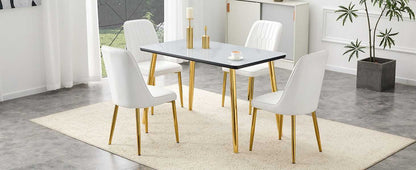Table and chair set.Table and chair set.White imitation marble texture glass top + lower black MDF board,silver metal legs.Paired with 4 WHITE chairs with PU artificial leather backrest cushions. - luxuryhomedecoridea.com