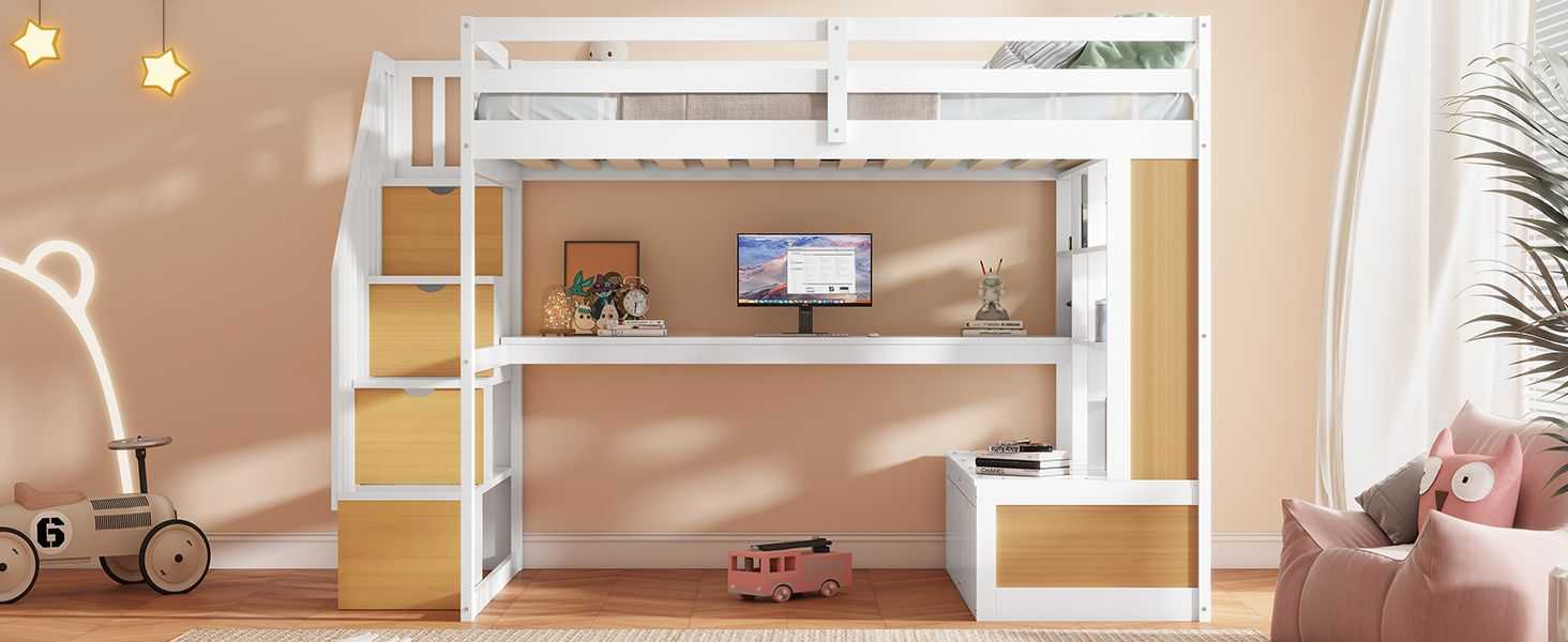 Full Size Loft Bed with Desk and Shelves, Two Built-in Drawers, Storage Staircase, White and Natural - luxuryhomedecoridea.com