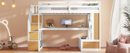 Full Size Loft Bed with Desk and Shelves, Two Built-in Drawers, Storage Staircase, White and Natural - luxuryhomedecoridea.com