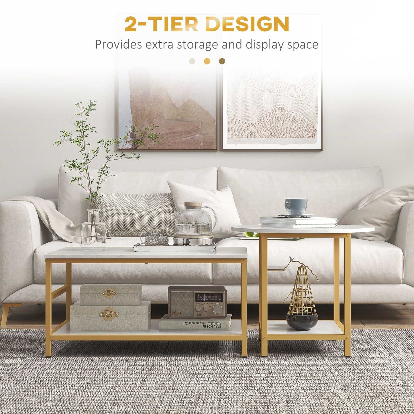 Coffee Tables Sets of 2, Rectangle and Round Coffee Table with Storage Shelves, Faux Marble Top, Living Room Table Set, White - luxuryhomedecoridea.com