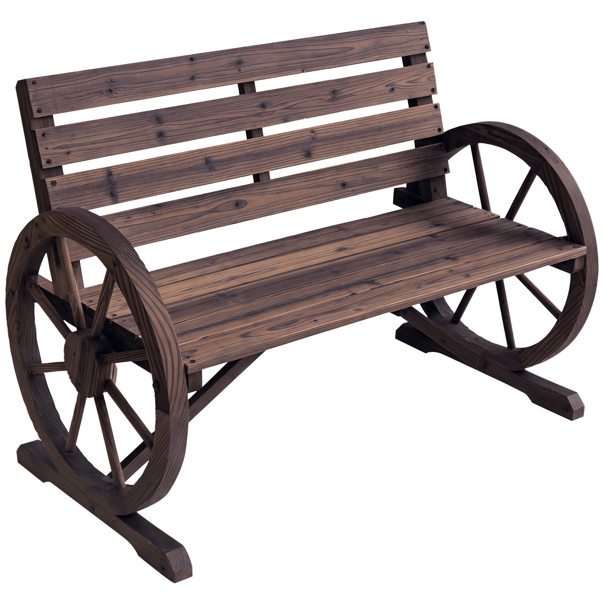 Wagon Wheel Bench Rustic 2-Person Outdoor Patio Carbonized Finish with Backrest luxury home decor