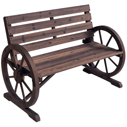 Wagon Wheel Bench Rustic 2-Person Outdoor Patio Carbonized Finish with Backrest luxury home decor