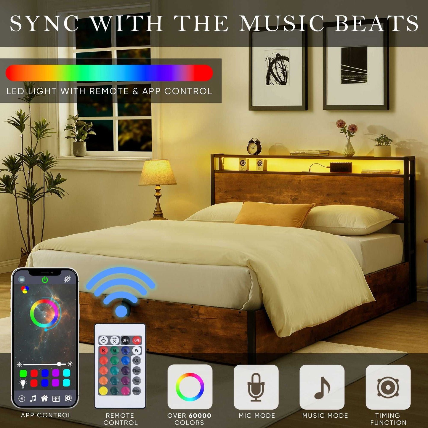 Lift-up Storage Bed Frame, Full Size Bed Frame with Bookcase Headboard & LED Lights, Wooden Platform Bed Frame with Charging Station, No Spring Box Needed, Rustic Brown - luxuryhomedecoridea.com