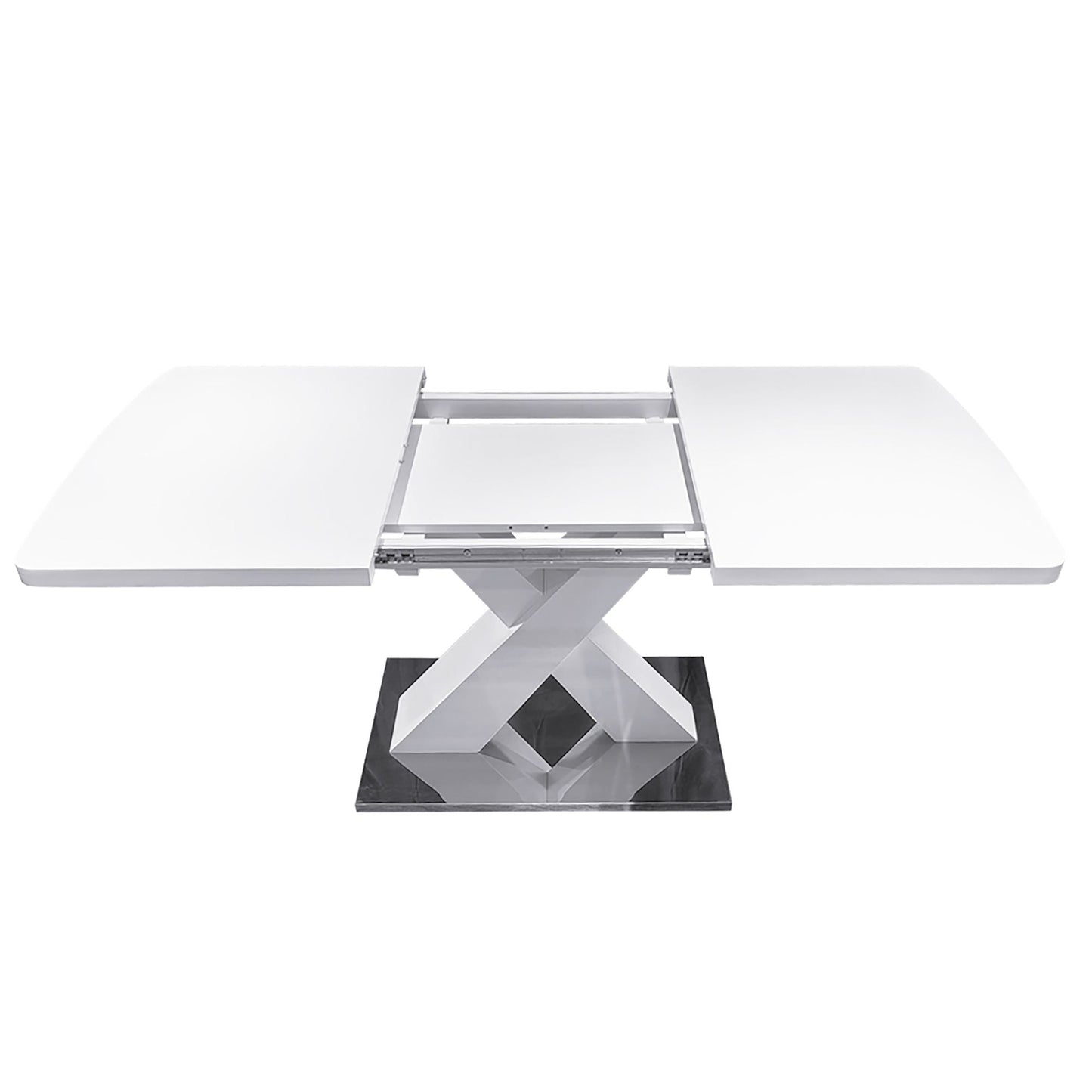 Modern Square Dining Table, Stretchable, White Table Top+MDF X-Shape Table Leg with Metal Base - luxuryhomedecoridea.com