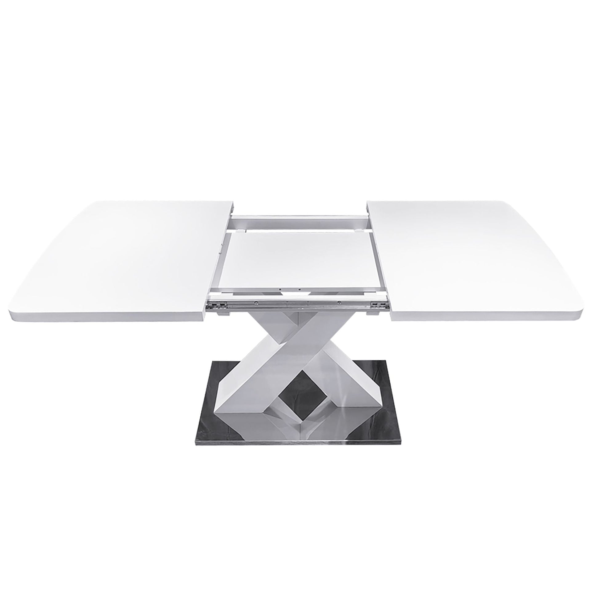 Modern Square Dining Table, Stretchable, White Table Top+MDF X-Shape Table Leg with Metal Base - luxuryhomedecoridea.com