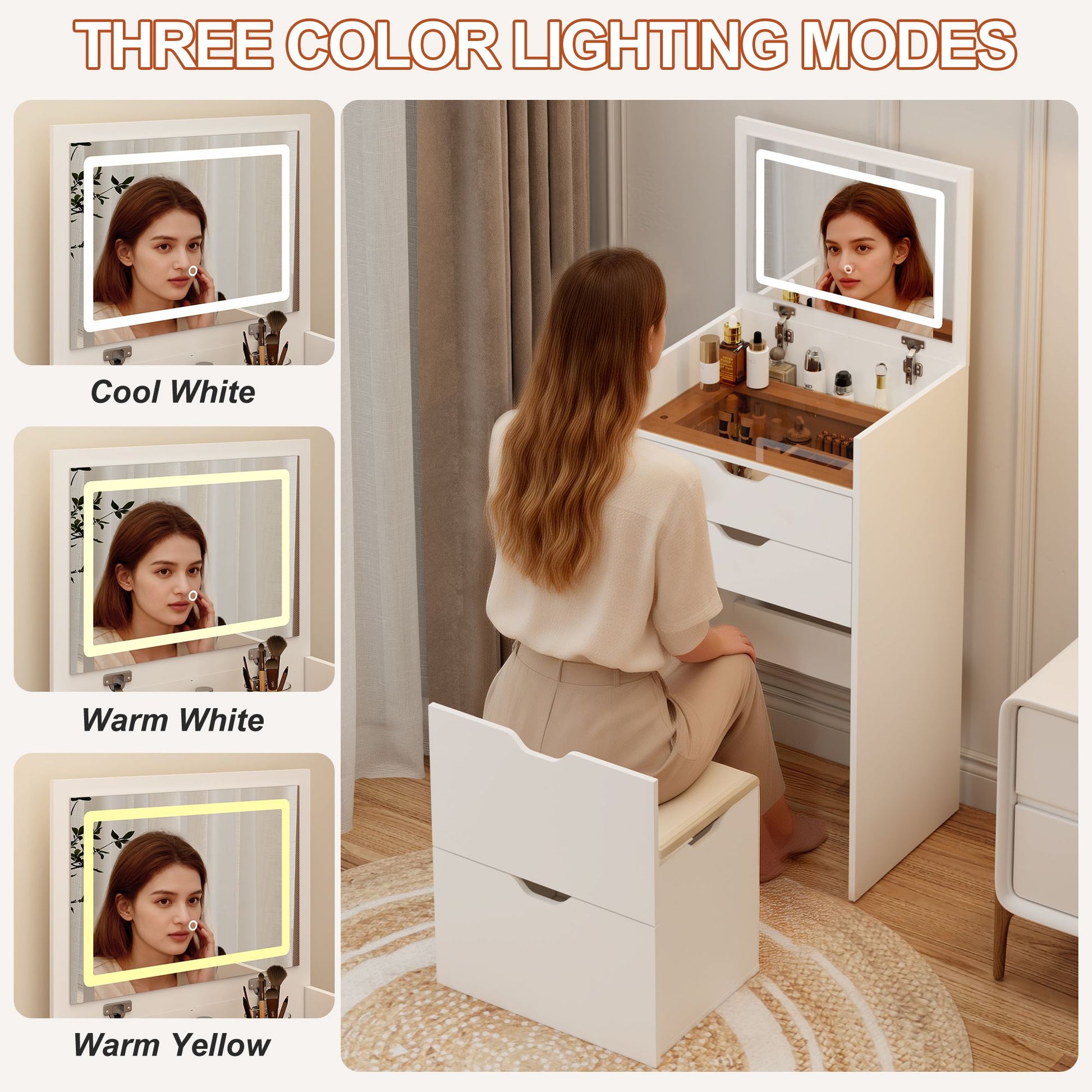 Dressing Table and Stool, 3-in-1 Multifunctional Dressing Table Set, Featuring Three-color Lighting Modes, HD Mirror, Two Sliding Drawers, and a Hidden Storage Stool - luxuryhomedecoridea.com