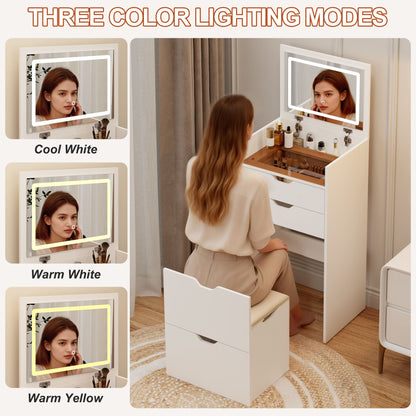 Dressing Table and Stool, 3-in-1 Multifunctional Dressing Table Set, Featuring Three-color Lighting Modes, HD Mirror, Two Sliding Drawers, and a Hidden Storage Stool - luxuryhomedecoridea.com