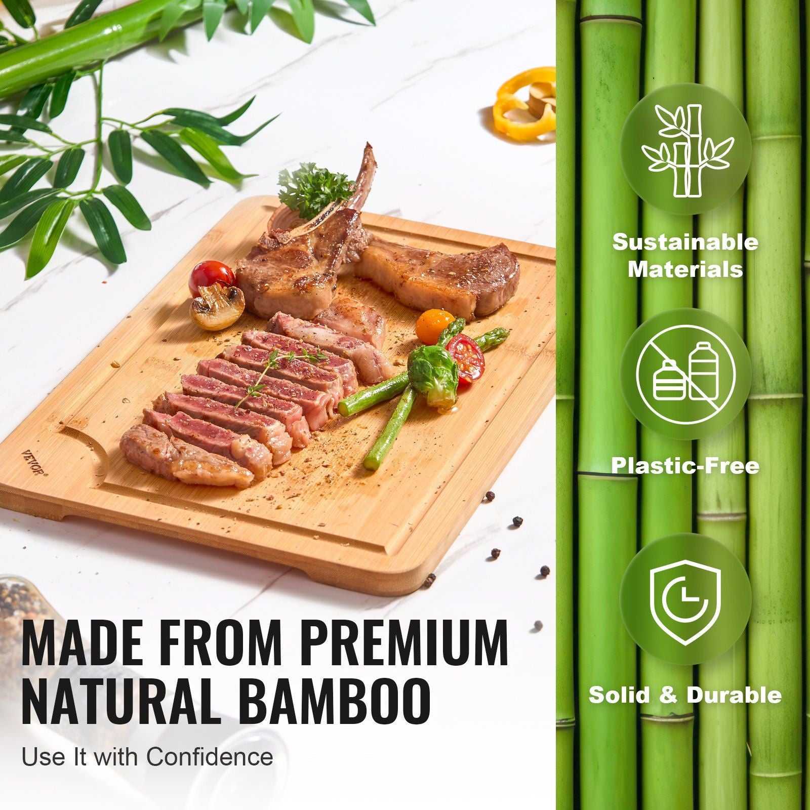 VEVOR Cutting Board, 3 Pieces, Premium Versatile Bamboo Cutting Board with Food-Grade Oil and Juice Groove,Sturdy & Durable Chopping Board with Built-in Handle, Fit for Display, Chopping & Serving - luxuryhomedecoridea.com