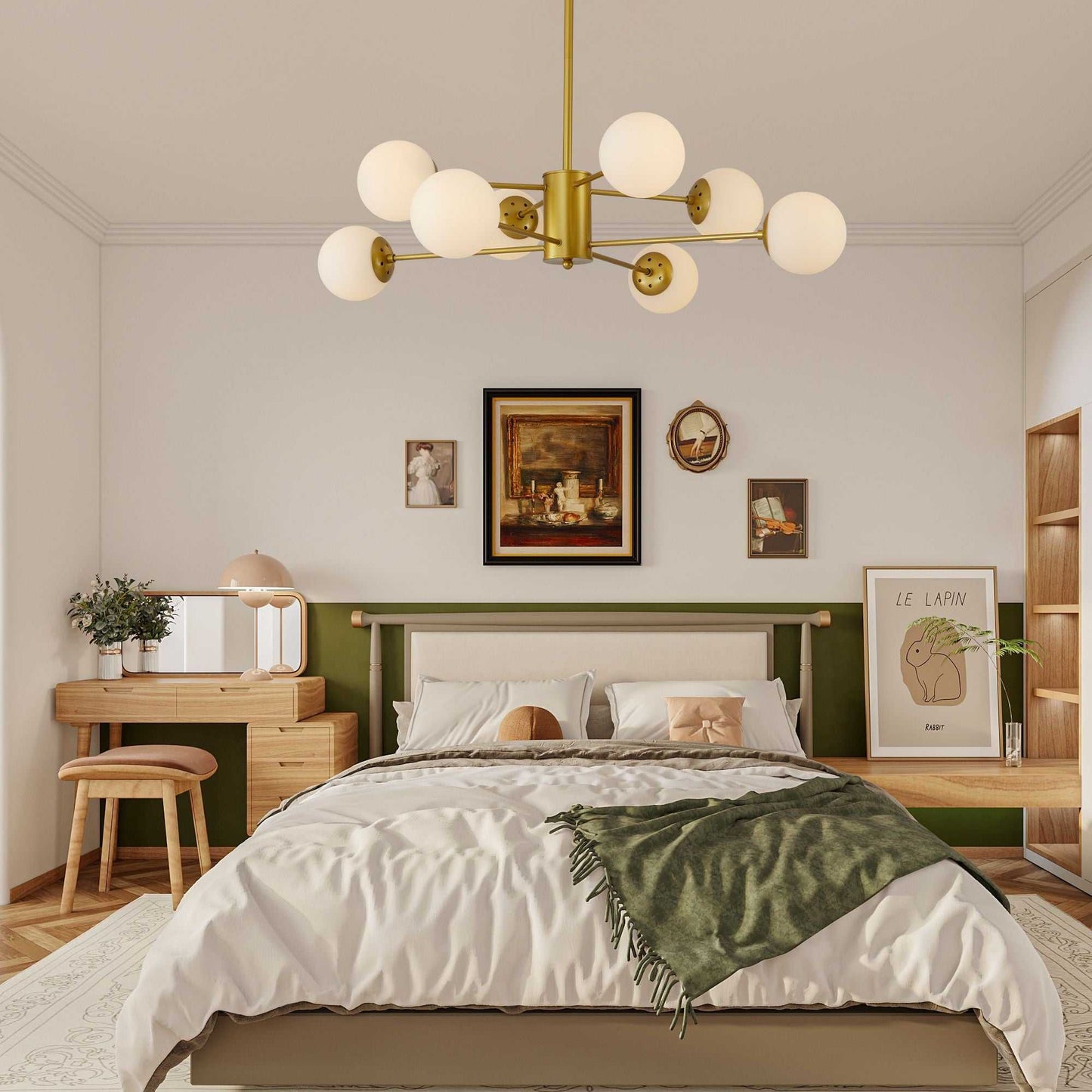 35" Modern 8-Light Gold Chandelier with White Glass Globe Shades, Mid-Century Branching Design, Elegant Ceiling Light Fixture for Dining Room, Living Room, or Bedroom (No Bulbs) - luxuryhomedecoridea.com