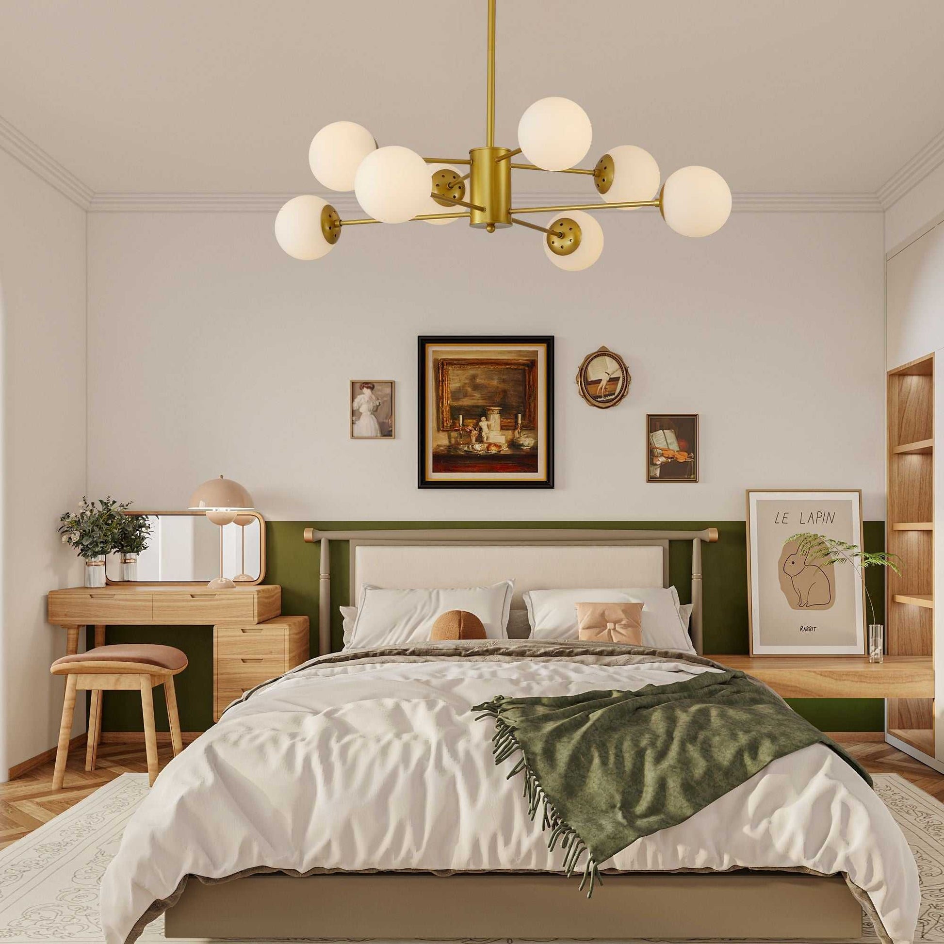 35" Modern 8-Light Gold Chandelier with White Glass Globe Shades, Mid-Century Branching Design, Elegant Ceiling Light Fixture for Dining Room, Living Room, or Bedroom (No Bulbs) - luxuryhomedecoridea.com