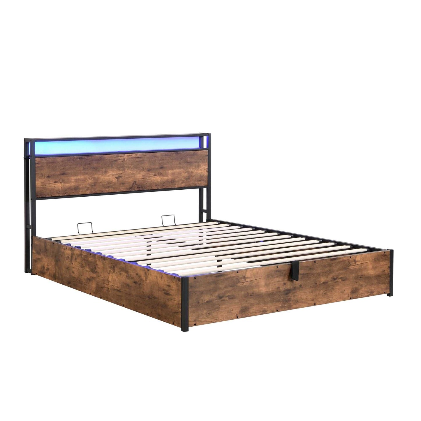 Lift-up Storage Bed Frame, Full Size Bed Frame with Bookcase Headboard & LED Lights, Wooden Platform Bed Frame with Charging Station, No Spring Box Needed, Rustic Brown - luxuryhomedecoridea.com