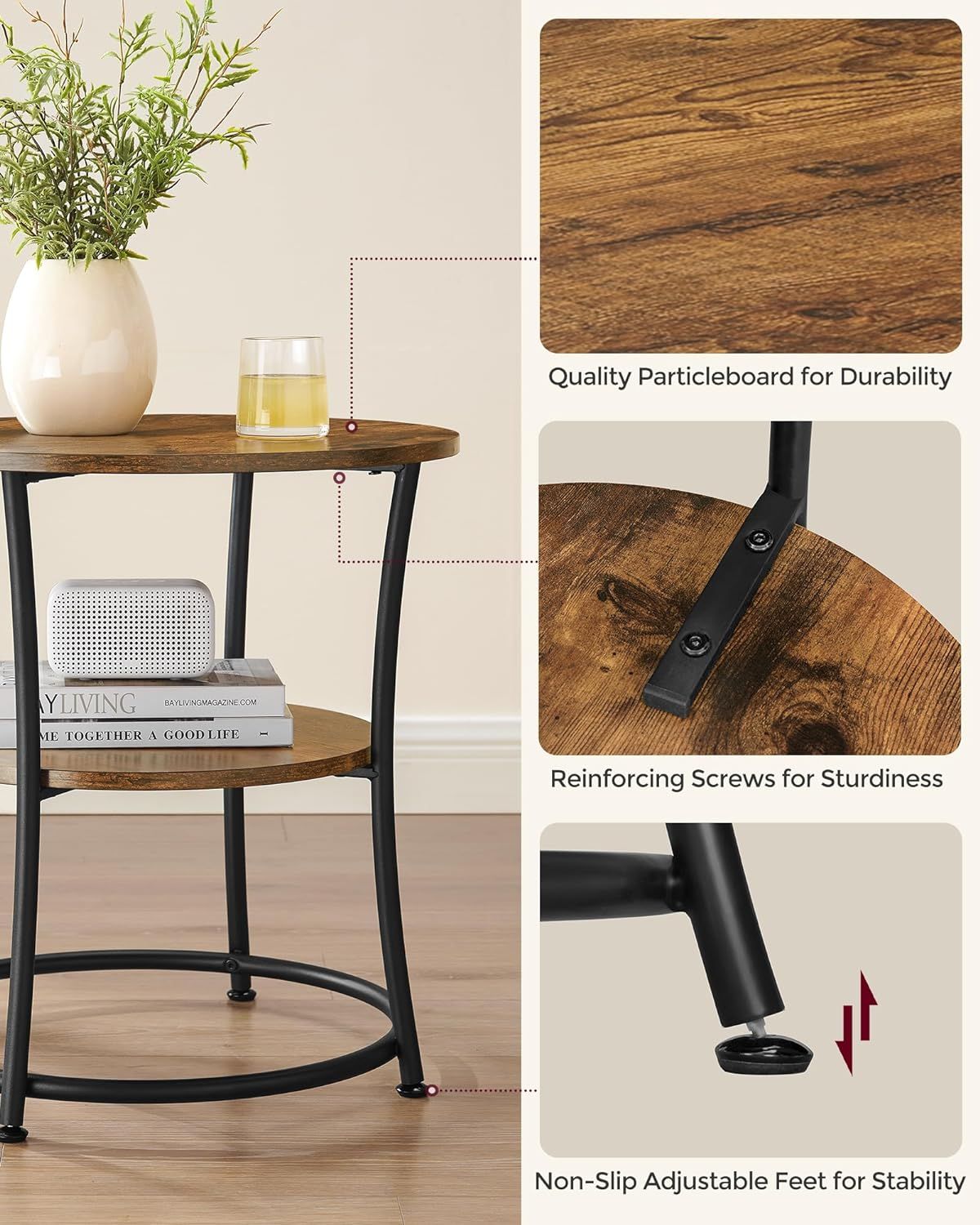 2-Tier End Table, Nightstand with Steel Frame, Spacious Top, for Small Spaces, Living Room, Bedroom, Rustic Brown and Ink Black - luxuryhomedecoridea.com
