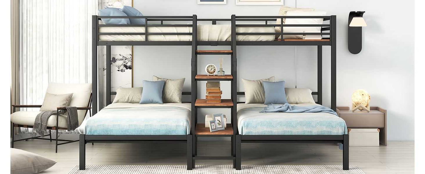 Metal Twin over Twin & Twin Bunk Bed, Triple Bunk Bed with Storage Shelves Staircase, Black - luxuryhomedecoridea.com