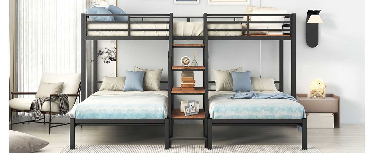 Metal Twin over Twin & Twin Bunk Bed, Triple Bunk Bed with Storage Shelves Staircase, Black - luxuryhomedecoridea.com