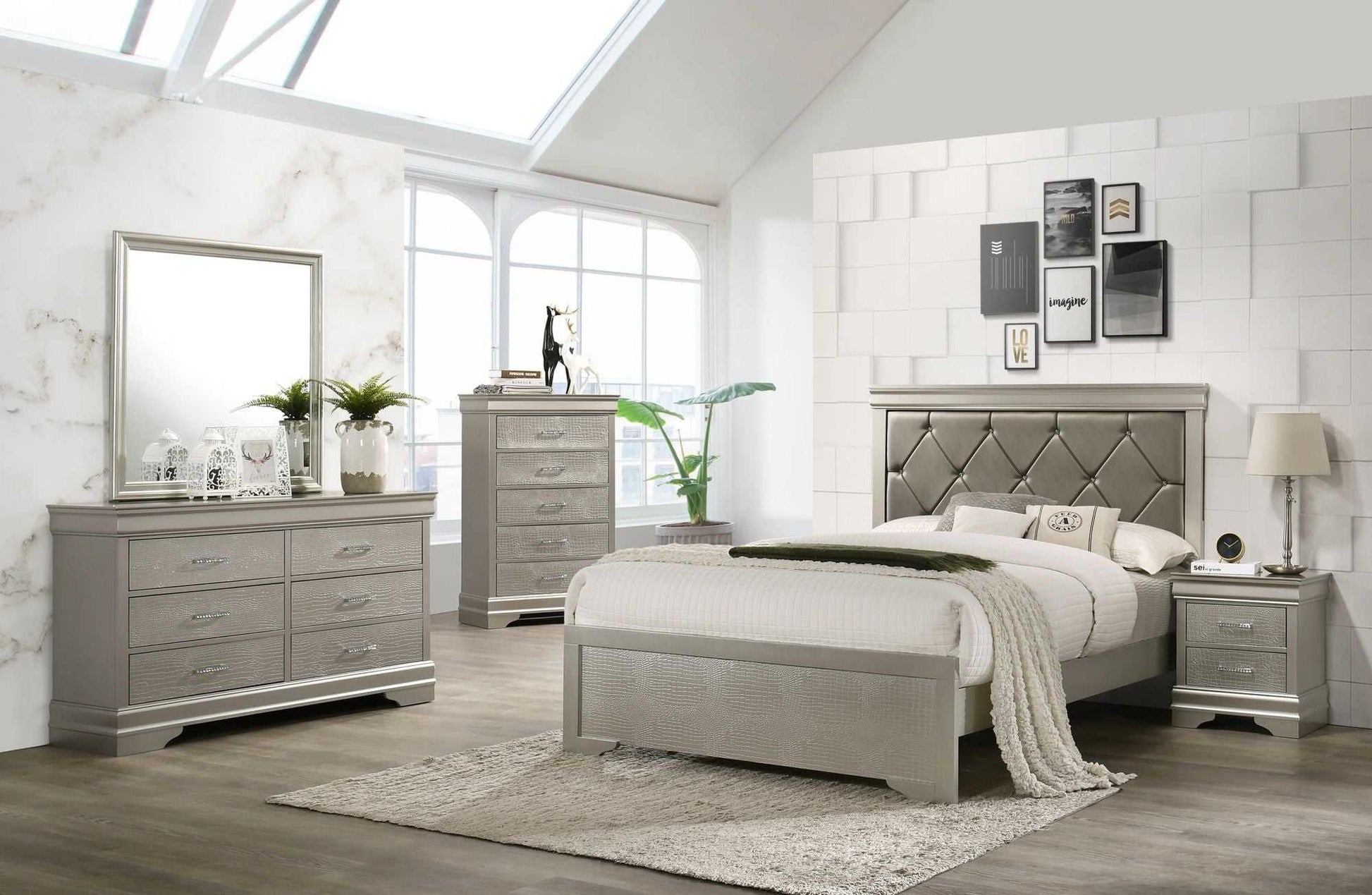 1pc Modern Glam Style Two Drawers Nightstand Champagne Finish Solid Wood Crystal-Like Diamond Tufted Crocodile Texture Bedroom Furniture - luxuryhomedecoridea.com