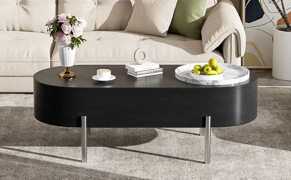 U-Can 47.2''Lift Top Coffee Table with 360-degree Marble-patterned rotating tray,Hidden Compartment, Partially Assembled Wooden Center Table, Modern Oval Lift Tabletop for Home Living Room - luxuryhomedecoridea.com