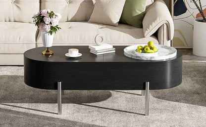 U-Can 47.2''Lift Top Coffee Table with 360-degree Marble-patterned rotating tray,Hidden Compartment, Partially Assembled Wooden Center Table, Modern Oval Lift Tabletop for Home Living Room - luxuryhomedecoridea.com
