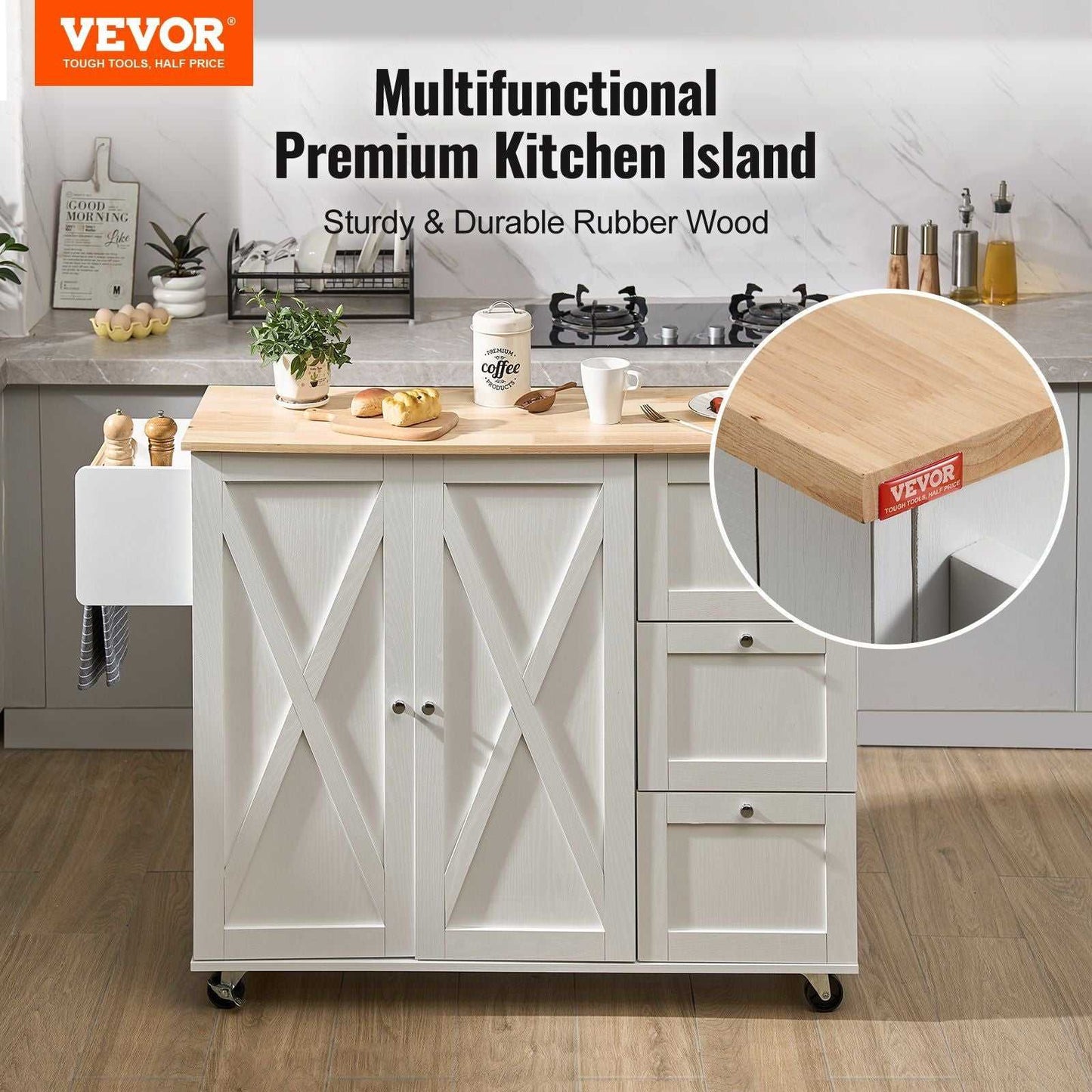 VEVOR Kitchen Island Cart with Solid Wood Top, 45.3" Width Mobile Carts with Storage Cabinet, Rolling Kitchen Table with Spice Rack, Towel Rack, Drop Leaf and Drawer, Portable Islands on Wheels, White - luxuryhomedecoridea.com