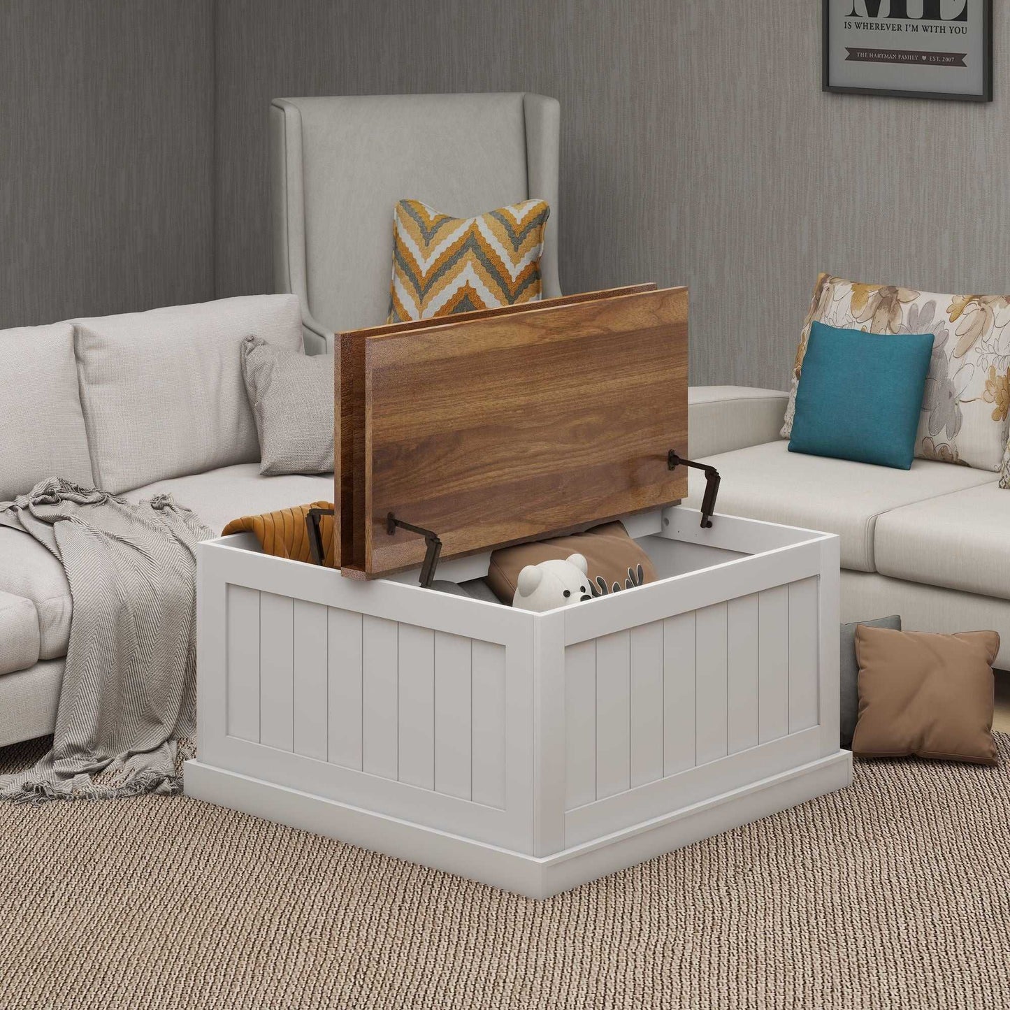 31.5" Farmhouse Coffee Table, Square Wood Center Table with Hinged Lift Top, Rustic Cocktail Table with Large Hidden Storage Compartmen for Living Room-White - luxuryhomedecoridea.com