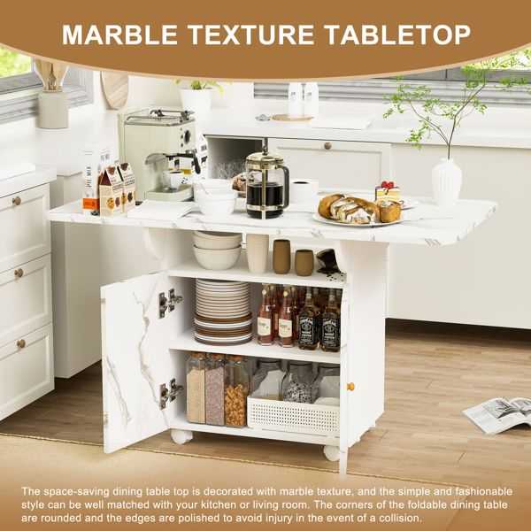 47" Wood Folding Dining Table with storage rack and cabinet, Removable Entryway Table with 6 Wheels, White Marble Color Kitchen Island, Side Table and Coffee Table Versatile Table Space Saving - luxuryhomedecoridea.com