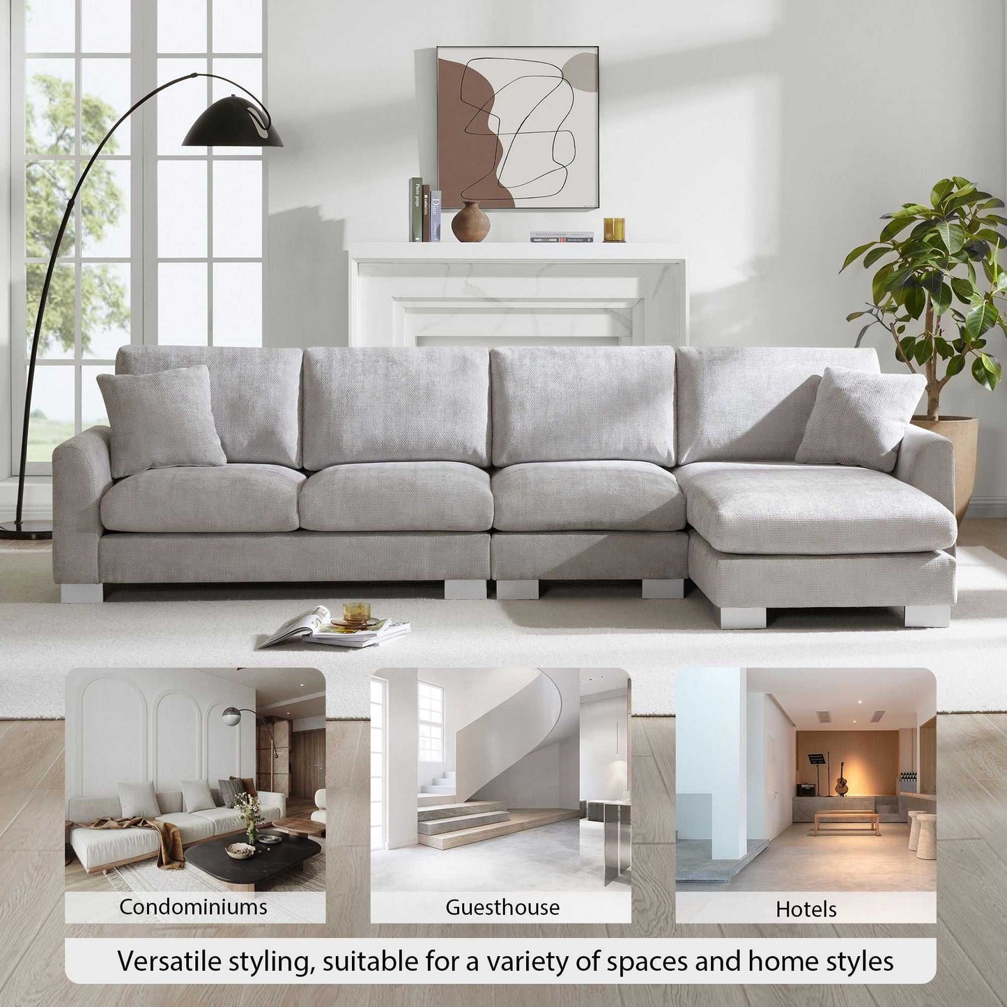 Modern Oversized Sectional Sofa,L-shaped Luxury Couch Set with 2 Free pillows,5-seat Chenille Indoor Furniture with Chaise for Living Room,Apartment,Office,2 Colors - luxuryhomedecoridea.com